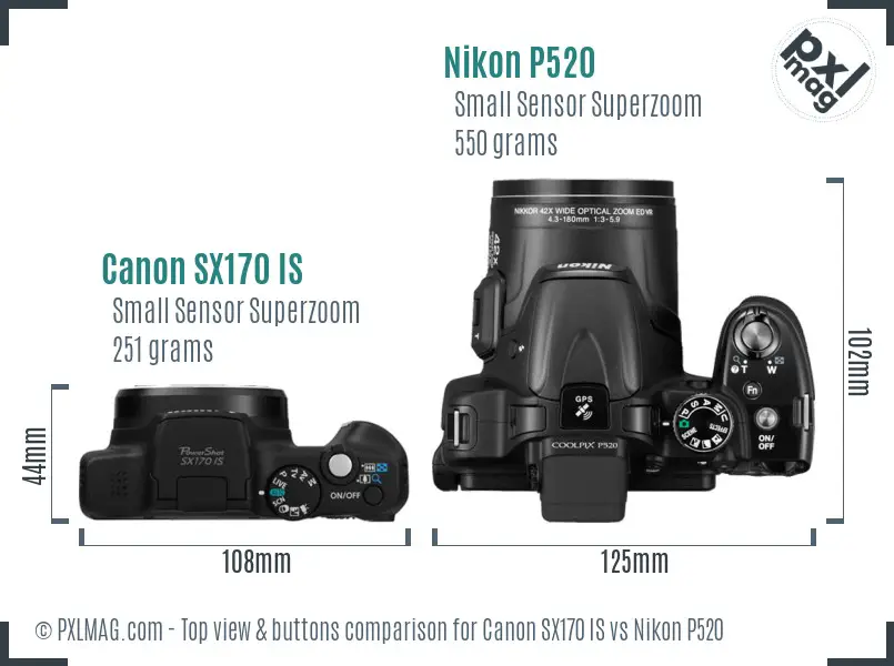 Canon SX170 IS vs Nikon P520 top view buttons comparison