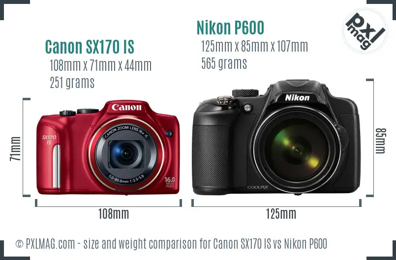 Canon SX170 IS vs Nikon P600 size comparison