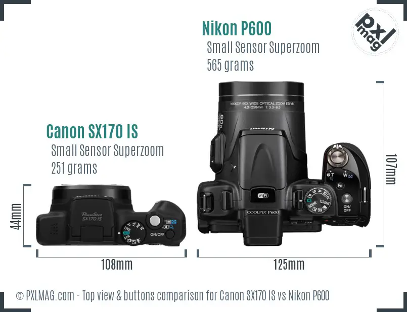 Canon SX170 IS vs Nikon P600 top view buttons comparison