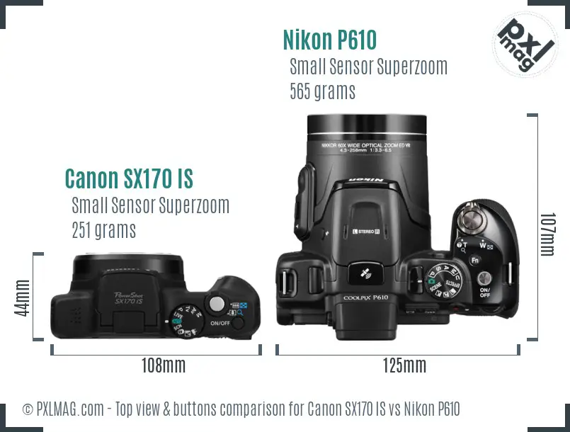 Canon SX170 IS vs Nikon P610 top view buttons comparison