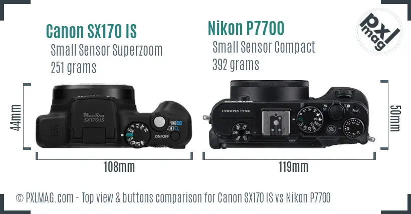 Canon SX170 IS vs Nikon P7700 top view buttons comparison Canon SX170 IS vs Nikon P7700 top view buttons comparison
