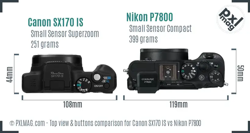 Canon SX170 IS vs Nikon P7800 top view buttons comparison Canon SX170 IS vs Nikon P7800 top view buttons comparison