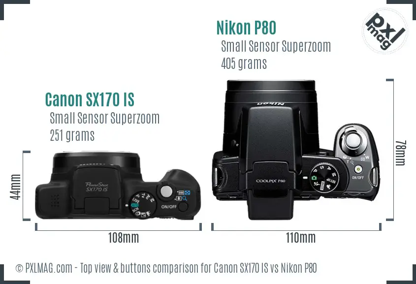 Canon SX170 IS vs Nikon P80 top view buttons comparison