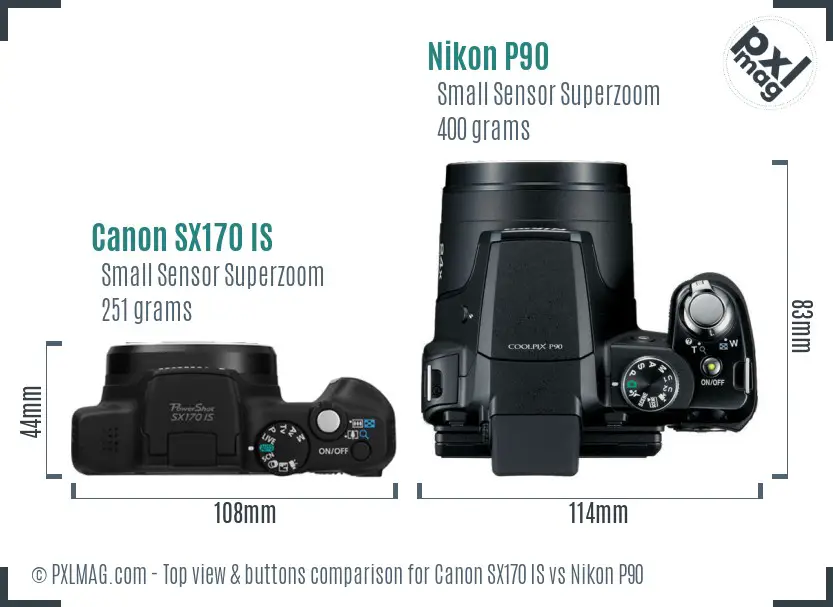 Canon SX170 IS vs Nikon P90 top view buttons comparison Canon SX170 IS vs Nikon P90 top view buttons comparison