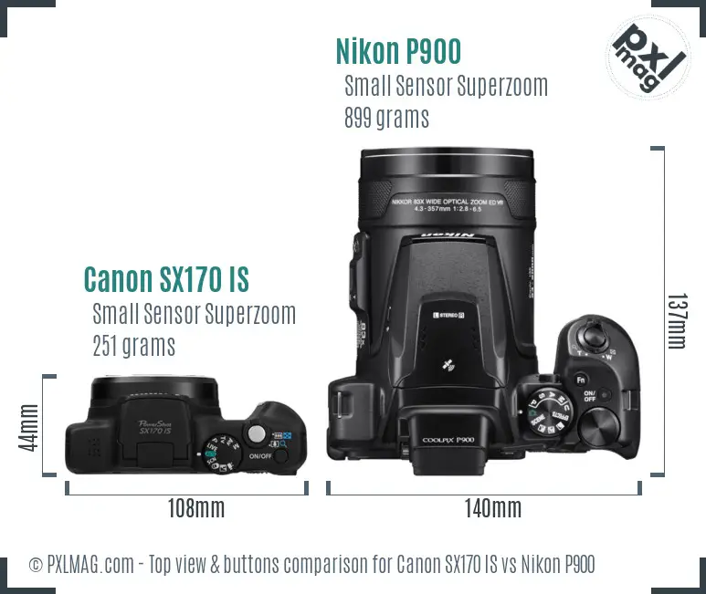 Canon SX170 IS vs Nikon P900 top view buttons comparison