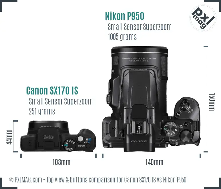 Canon SX170 IS vs Nikon P950 top view buttons comparison