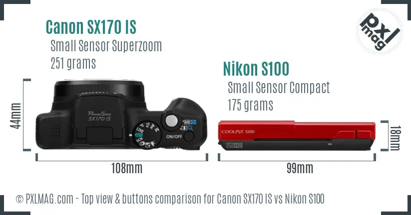 Canon SX170 IS vs Nikon S100 top view buttons comparison