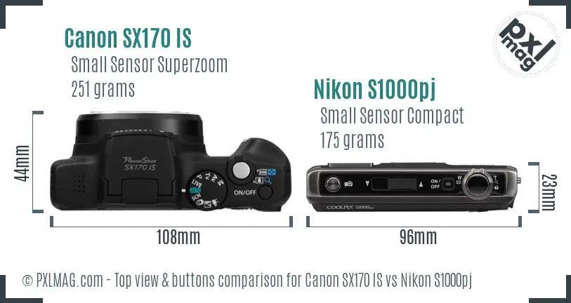 Canon SX170 IS vs Nikon S1000pj top view buttons comparison Canon SX170 IS vs Nikon S1000pj top view buttons comparison
