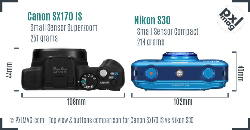 Canon SX170 IS vs Nikon S30 top view buttons comparison