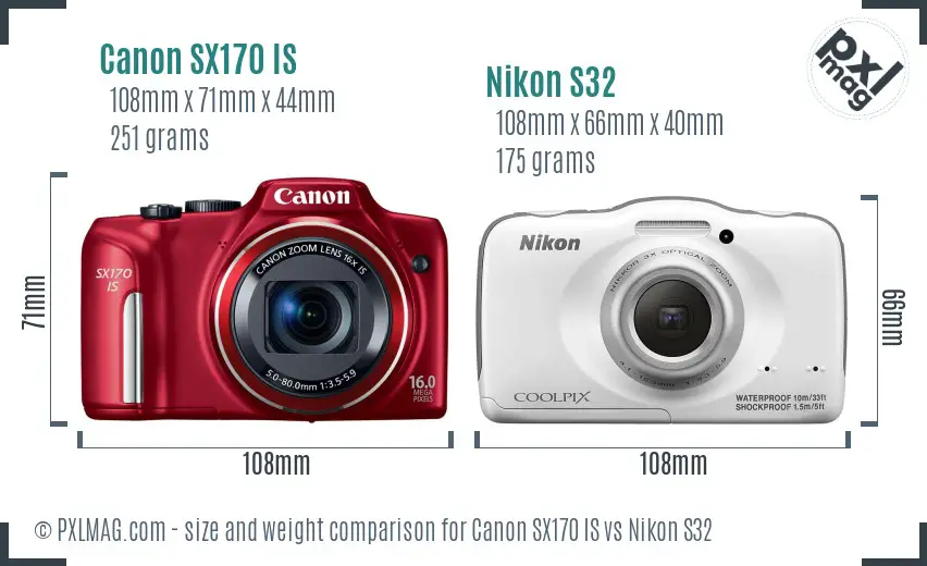 Canon SX170 IS vs Nikon S32 size comparison