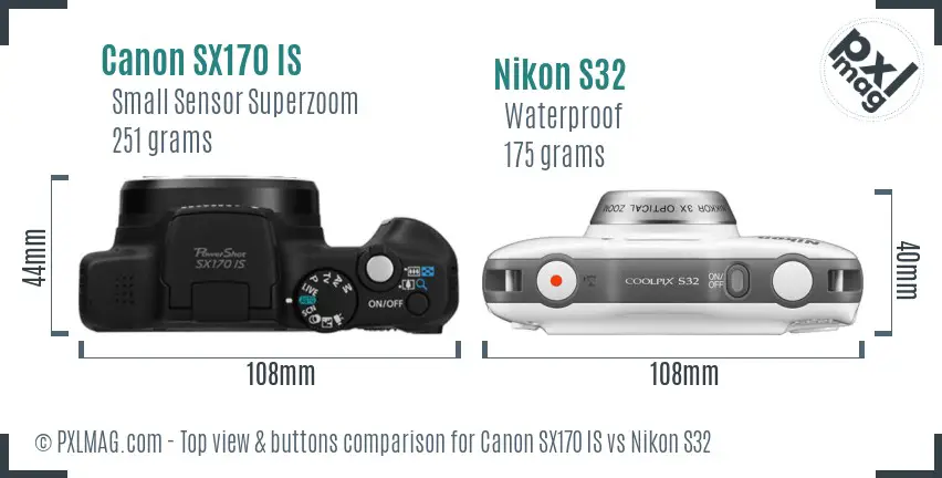 Canon SX170 IS vs Nikon S32 top view buttons comparison