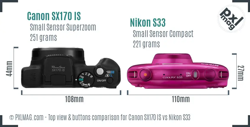 Canon SX170 IS vs Nikon S33 top view buttons comparison