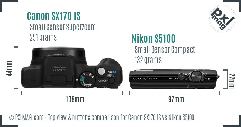 Canon SX170 IS vs Nikon S5100 top view buttons comparison