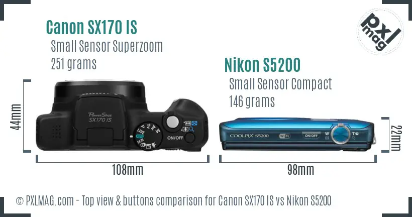 Canon SX170 IS vs Nikon S5200 top view buttons comparison