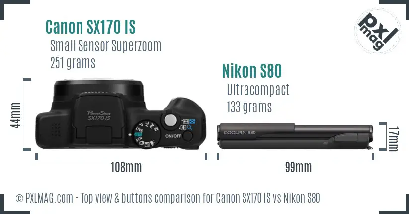 Canon SX170 IS vs Nikon S80 top view buttons comparison