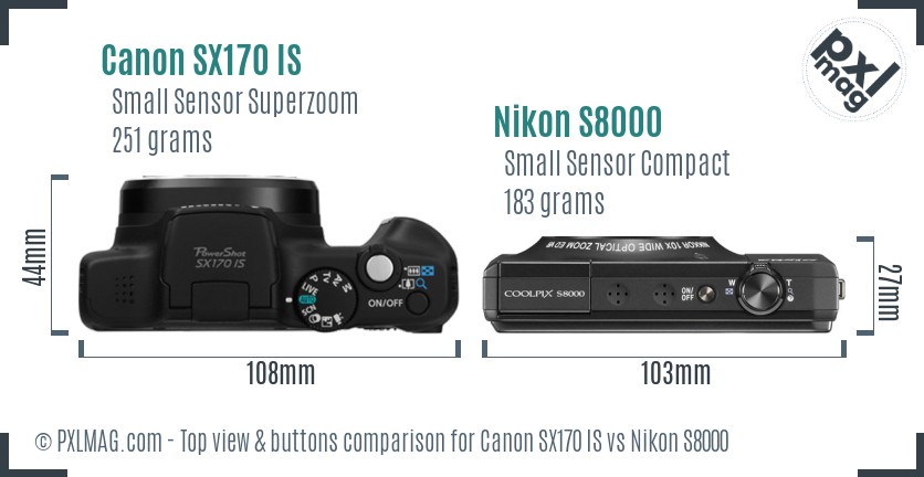 Canon SX170 IS vs Nikon S8000 top view buttons comparison