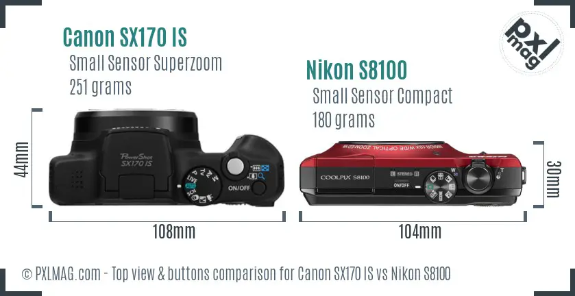 Canon SX170 IS vs Nikon S8100 top view buttons comparison
