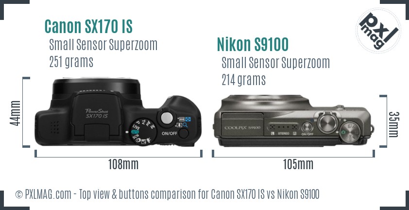 Canon SX170 IS vs Nikon S9100 top view buttons comparison