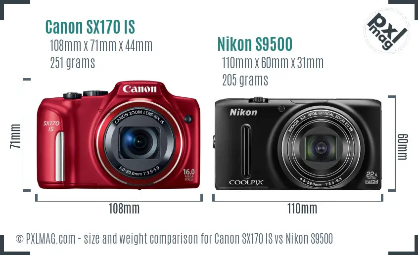 Canon SX170 IS vs Nikon S9500 size comparison Canon SX170 IS vs Nikon S9500 size comparison