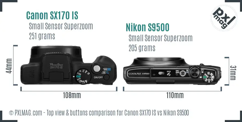 Canon SX170 IS vs Nikon S9500 top view buttons comparison