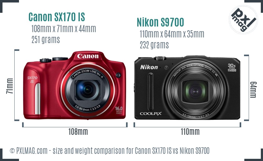 Canon SX170 IS vs Nikon S9700 size comparison