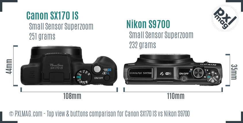 Canon SX170 IS vs Nikon S9700 top view buttons comparison