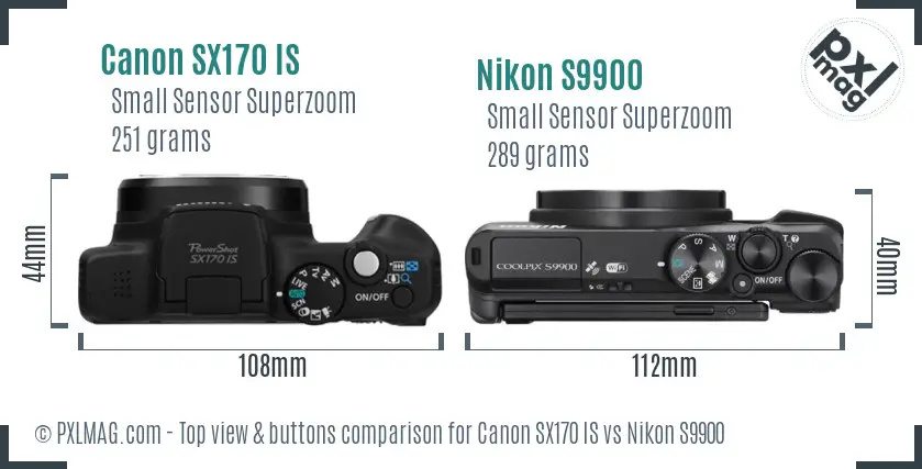 Canon SX170 IS vs Nikon S9900 top view buttons comparison