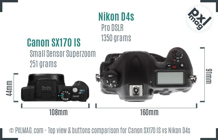 Canon SX170 IS vs Nikon D4s top view buttons comparison