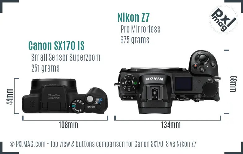 Canon SX170 IS vs Nikon Z7 top view buttons comparison Canon SX170 IS vs Nikon Z7 top view buttons comparison