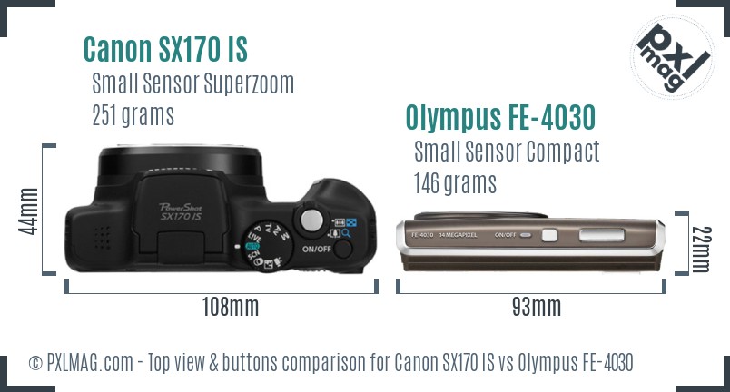 Canon SX170 IS vs Olympus FE-4030 top view buttons comparison