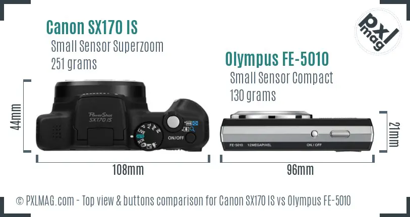 Canon SX170 IS vs Olympus FE-5010 top view buttons comparison