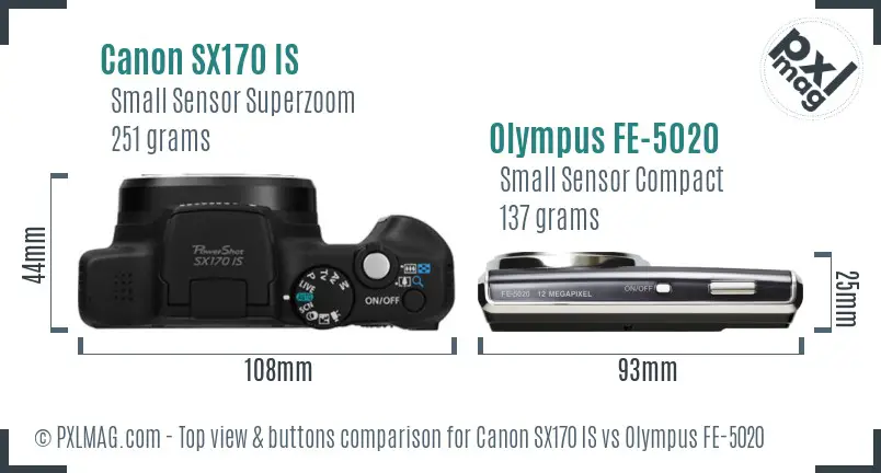 Canon SX170 IS vs Olympus FE-5020 top view buttons comparison