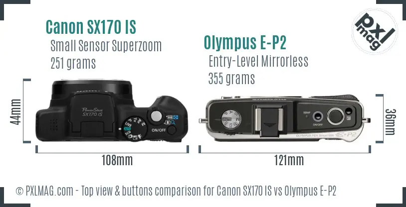 Canon SX170 IS vs Olympus E-P2 top view buttons comparison