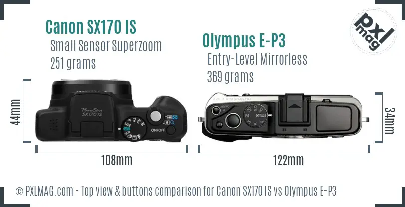 Canon SX170 IS vs Olympus E-P3 top view buttons comparison