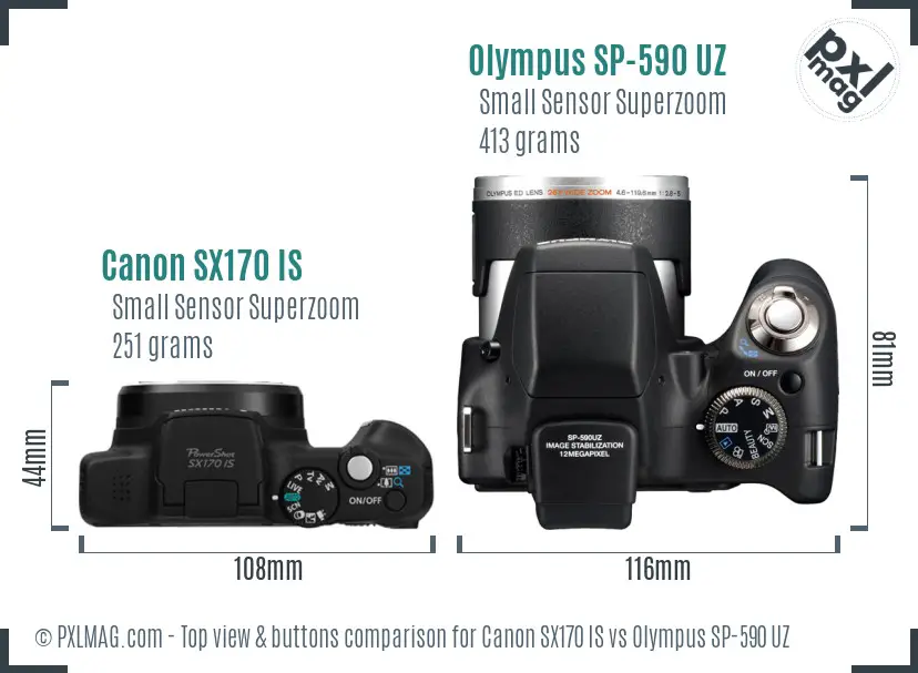 Canon SX170 IS vs Olympus SP-590 UZ top view buttons comparison