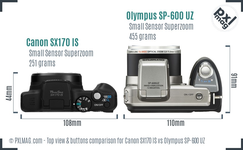 Canon SX170 IS vs Olympus SP-600 UZ top view buttons comparison
