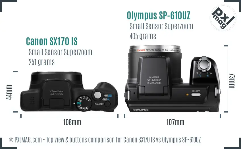 Canon SX170 IS vs Olympus SP-610UZ top view buttons comparison
