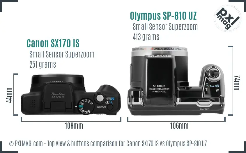 Canon SX170 IS vs Olympus SP-810 UZ top view buttons comparison