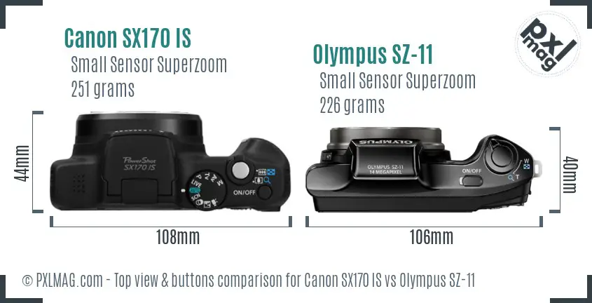 Canon SX170 IS vs Olympus SZ-11 top view buttons comparison