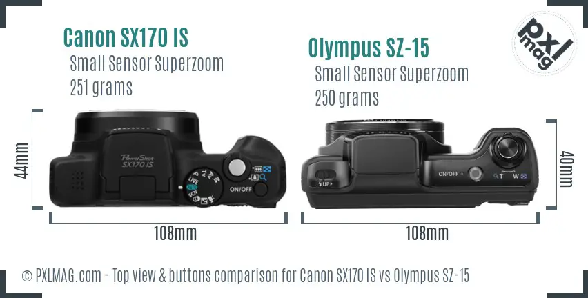Canon SX170 IS vs Olympus SZ-15 top view buttons comparison Canon SX170 IS vs Olympus SZ-15 top view buttons comparison