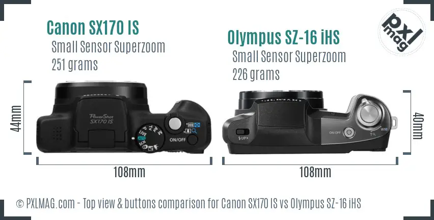 Canon SX170 IS vs Olympus SZ-16 iHS top view buttons comparison