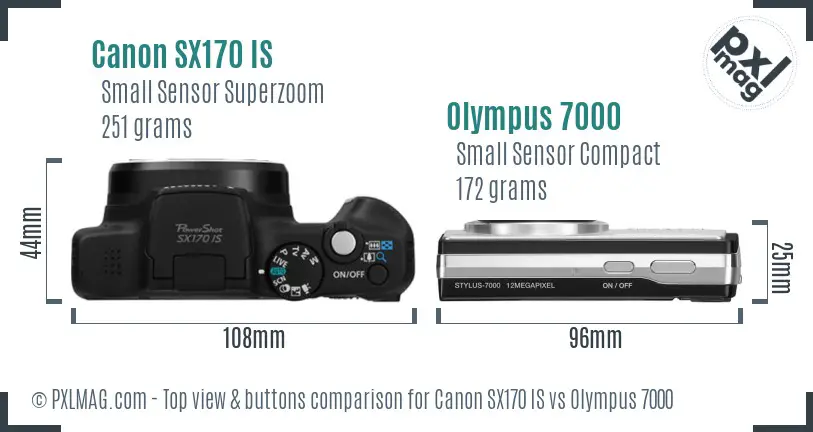 Canon SX170 IS vs Olympus 7000 top view buttons comparison