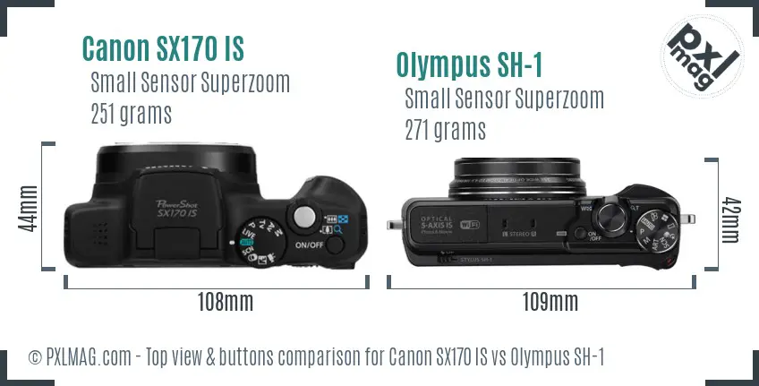 Canon SX170 IS vs Olympus SH-1 top view buttons comparison