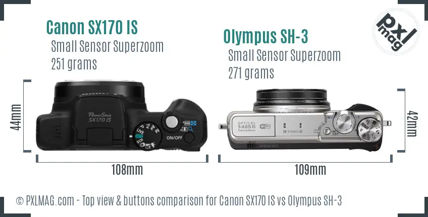 Canon SX170 IS vs Olympus SH-3 top view buttons comparison