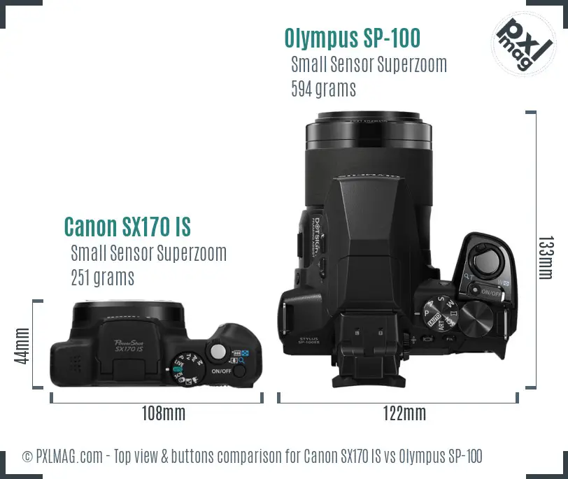 Canon SX170 IS vs Olympus SP-100 top view buttons comparison