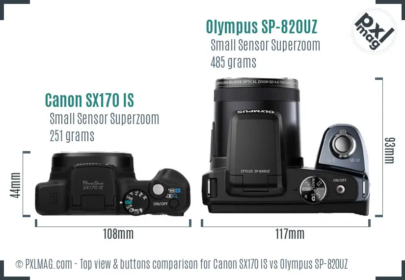 Canon SX170 IS vs Olympus SP-820UZ top view buttons comparison