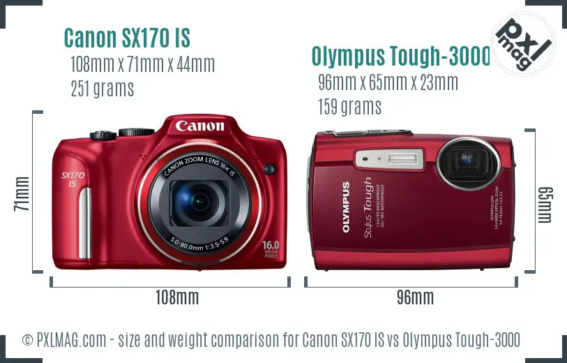 Canon SX170 IS vs Olympus Tough-3000 size comparison Canon SX170 IS vs Olympus Tough-3000 size comparison