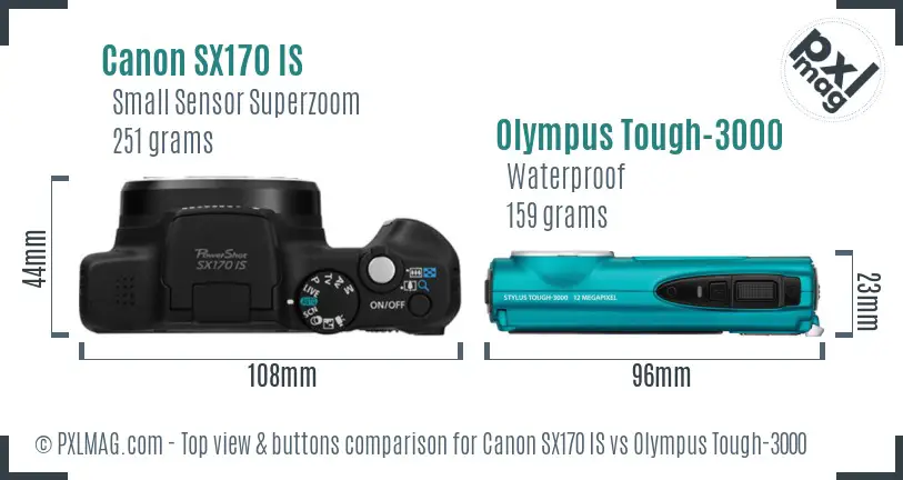Canon SX170 IS vs Olympus Tough-3000 top view buttons comparison Canon SX170 IS vs Olympus Tough-3000 top view buttons comparison