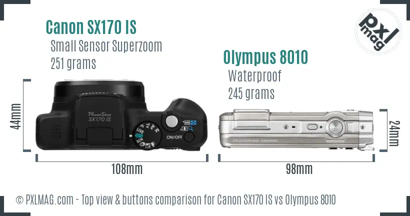Canon SX170 IS vs Olympus 8010 top view buttons comparison Canon SX170 IS vs Olympus 8010 top view buttons comparison