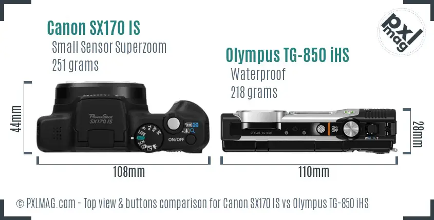Canon SX170 IS vs Olympus TG-850 iHS top view buttons comparison Canon SX170 IS vs Olympus TG-850 iHS top view buttons comparison
